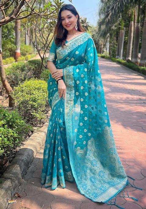 Sky Blue Zari Work Organza Saree Set