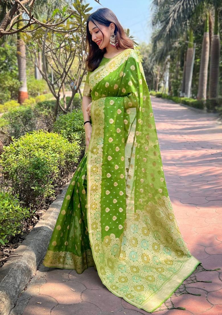 Green Zari Work Organza Saree Set - Indya