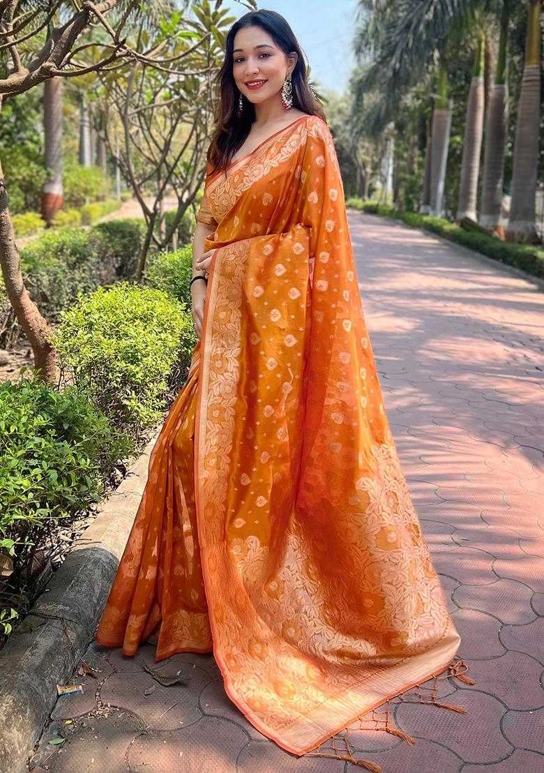 Orange Zari Work Organza Saree Set - Indya