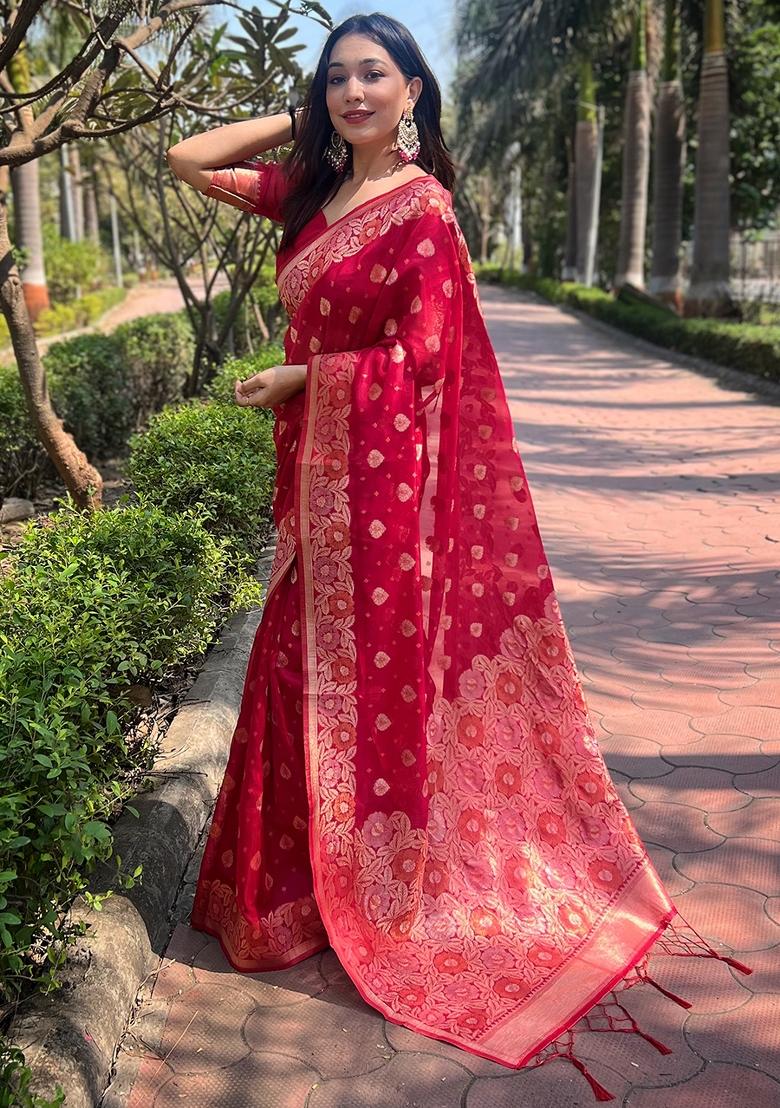 Pink Zari Work Organza Saree Set - Indya