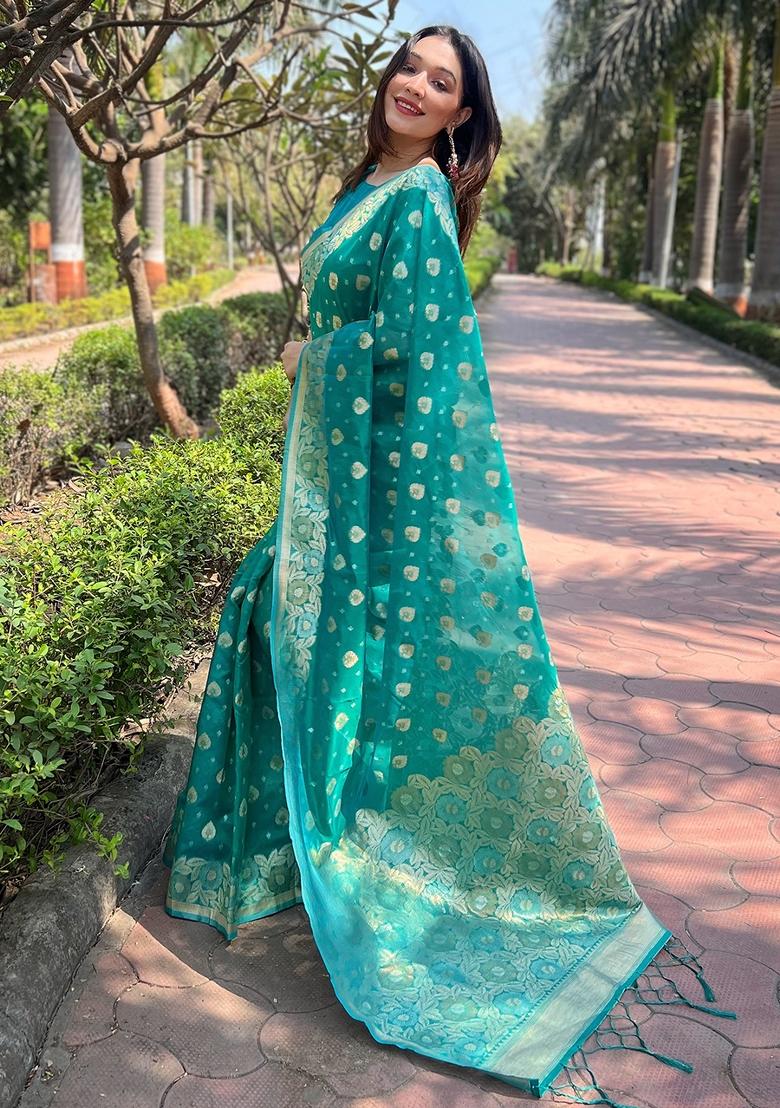 Sea Green Zari Work Organza Saree Set - Indya
