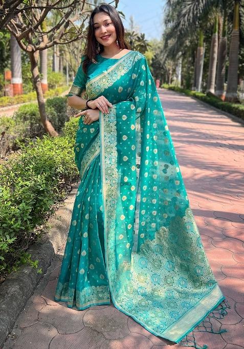 Sea Green Zari Work Organza Saree Set