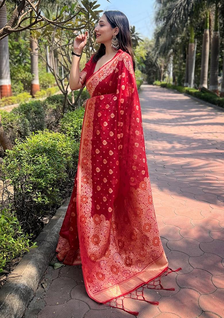 Red Zari Work Organza Saree Set - Indya