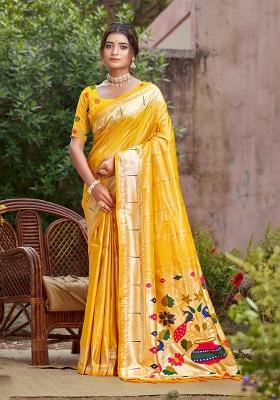 Yellow Zari Work Silk Saree Set