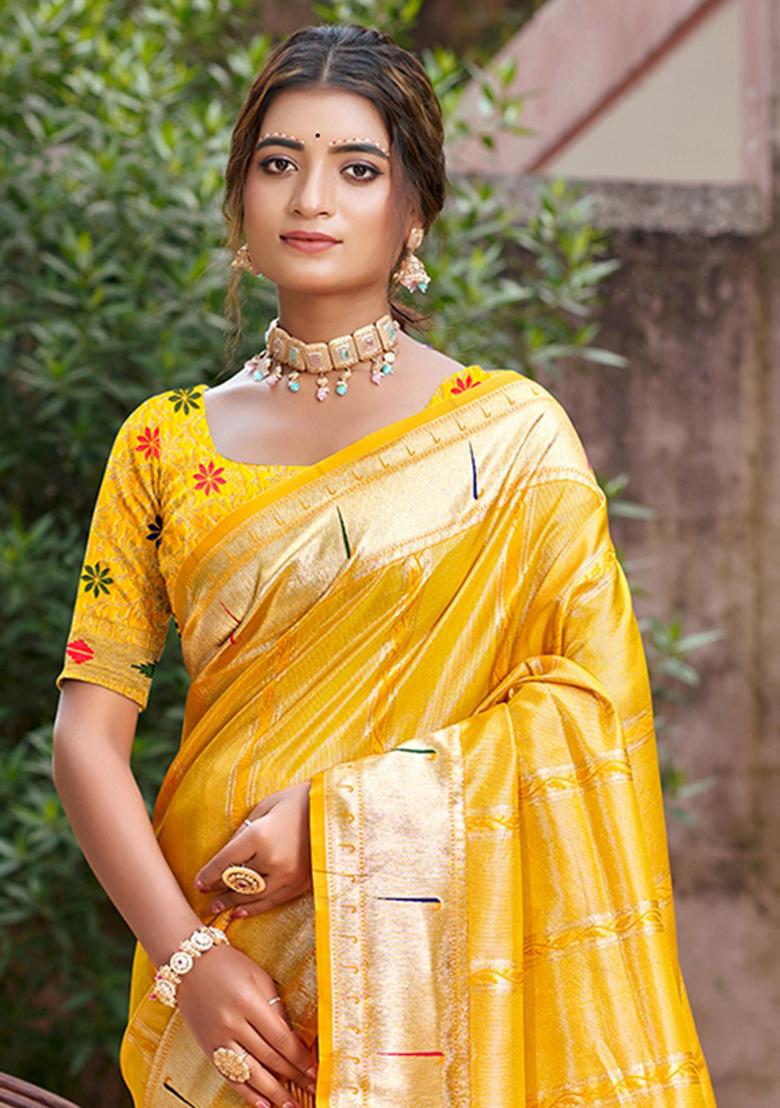 Yellow Zari Work Silk Saree Set - Indya