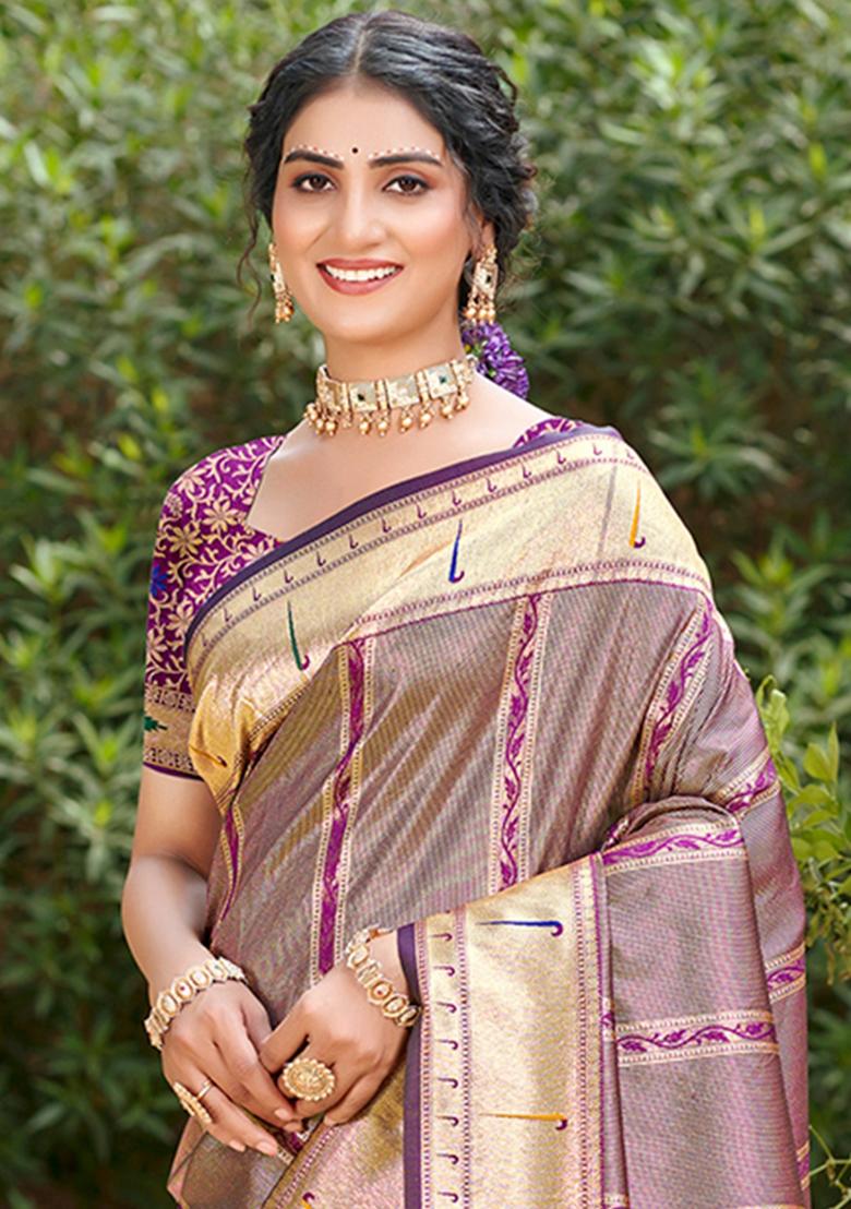 Mauve Zari Work Silk Saree Set - Indya