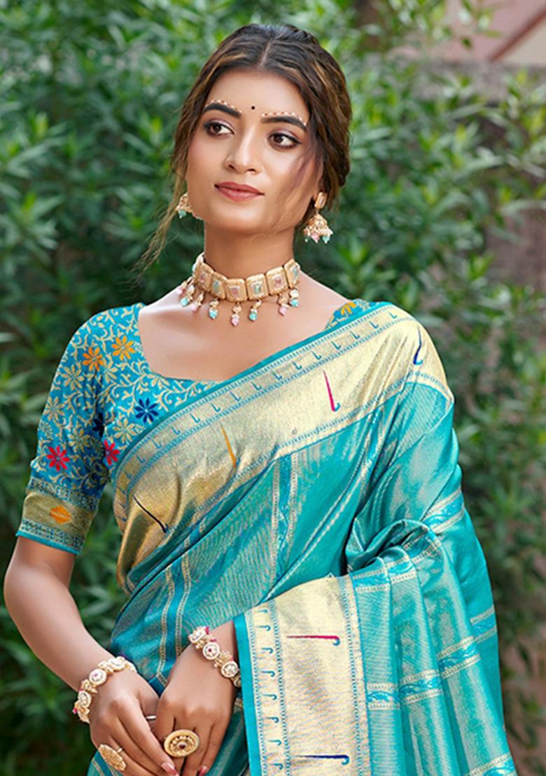 Sea Green Zari Work Silk Saree Set - Indya