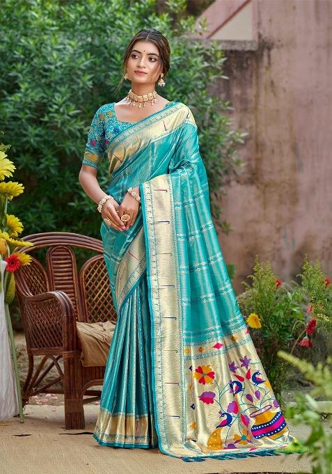 Sea Green Zari Work Silk Saree Set
