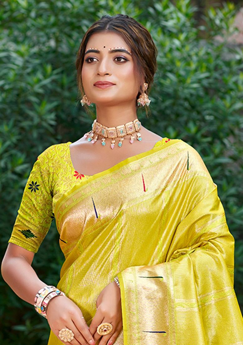 Lemon Zari Work Silk Saree Set - Indya