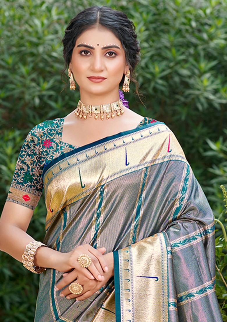 Grey Zari Work Silk Saree Set - Indya