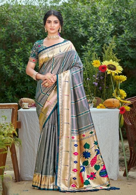Grey Zari Work Silk Saree Set