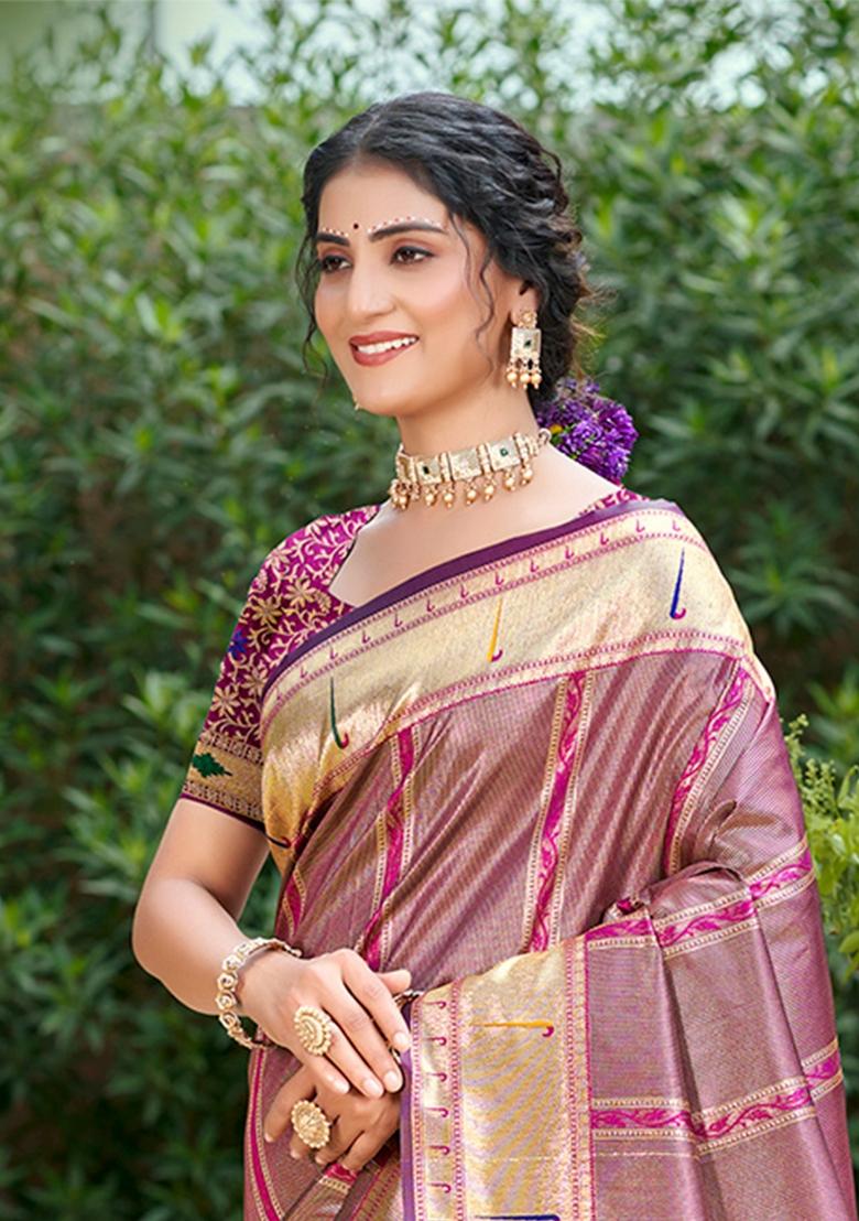 Purple Zari Work Silk Saree Set - Indya