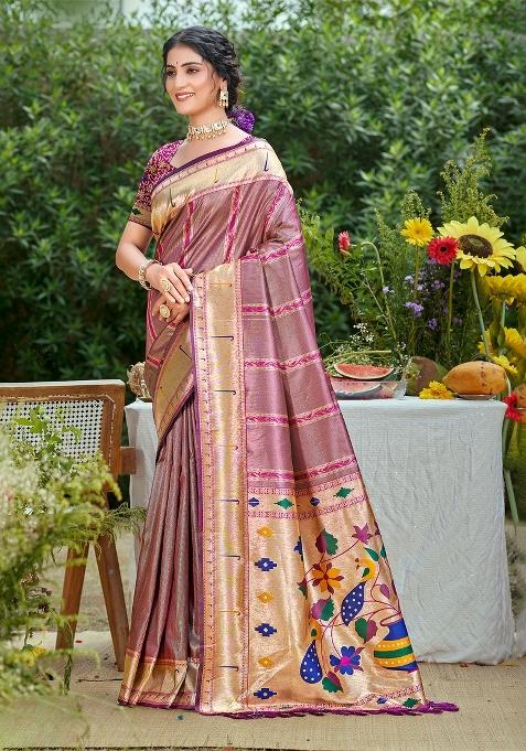 Purple Zari Work Silk Saree Set