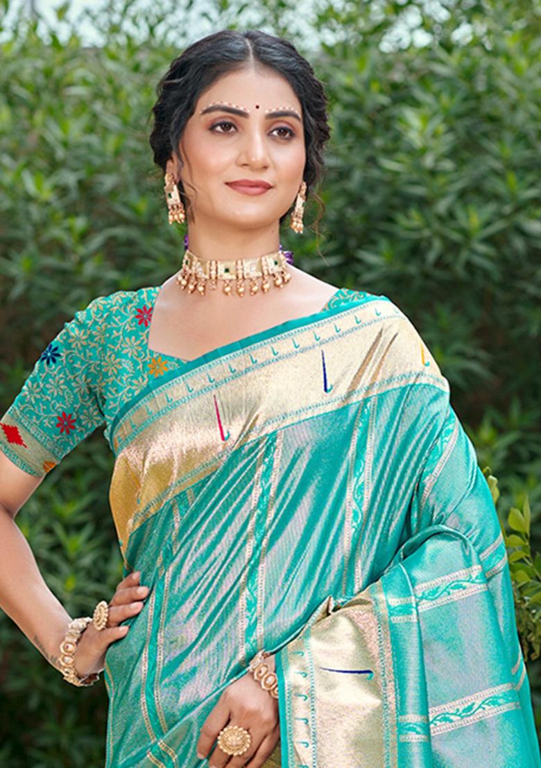 Teal Blue Zari Work Silk Saree Set - Indya