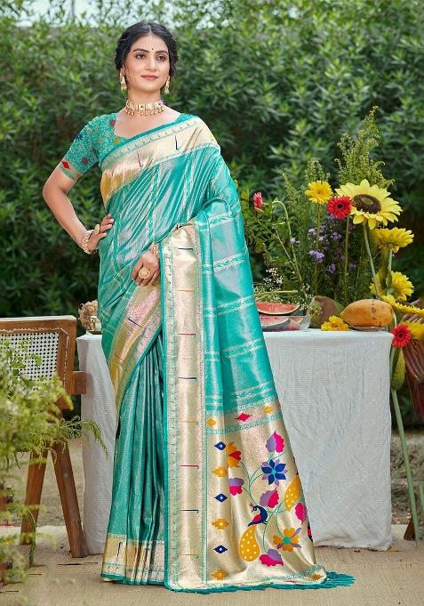 Teal Blue Zari Work Silk Saree Set