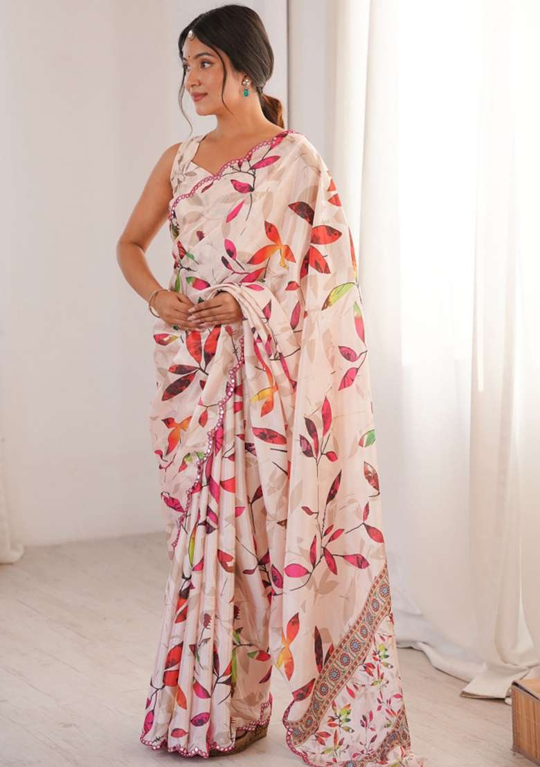Off White Abstract Tissue Saree Set for Diwali and Festive Wear - Indya