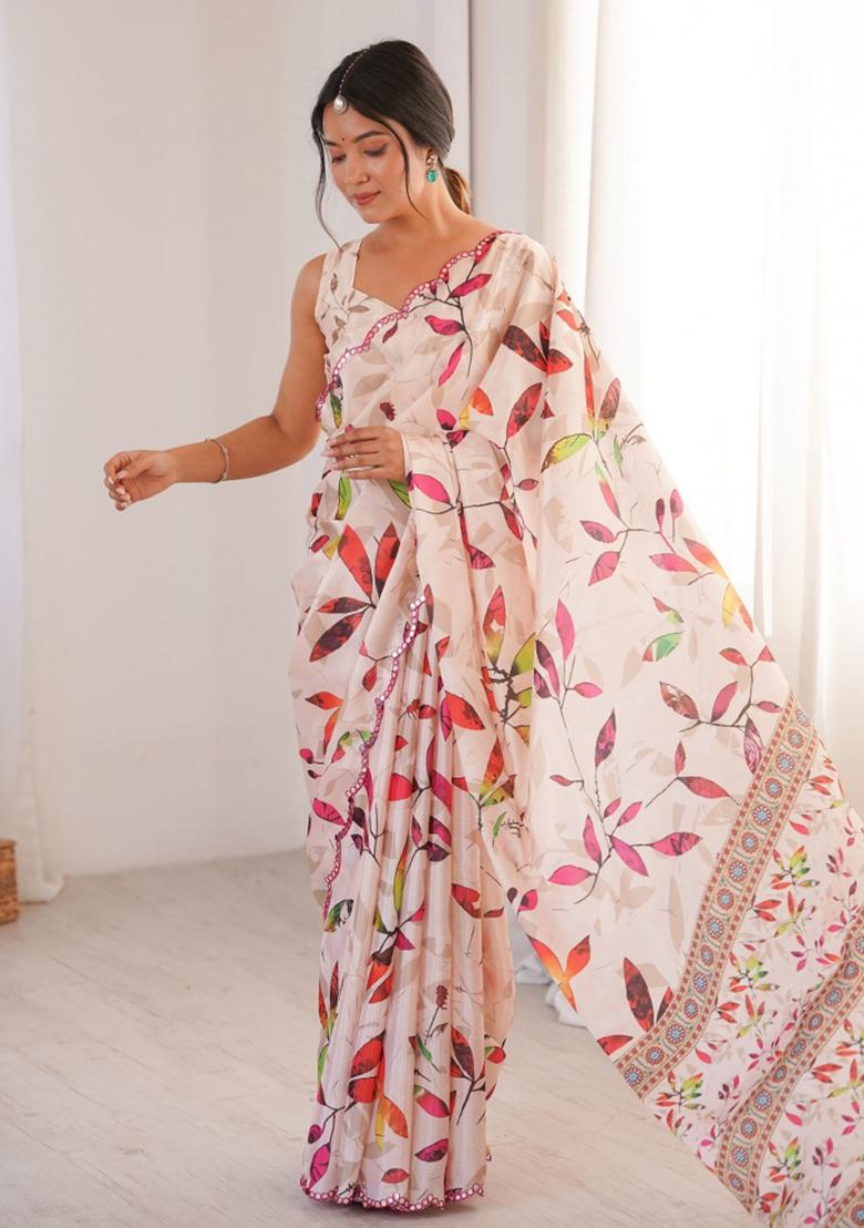 Off White Abstract Tissue Saree Set - Indya