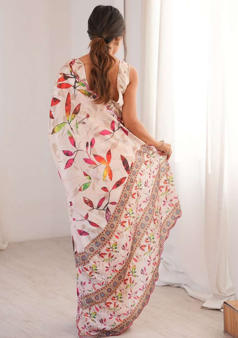 Off White Abstract Tissue Saree Set for Diwali and Festive Wear - Indya