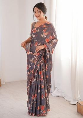 Grey Abstract Tissue Saree Set