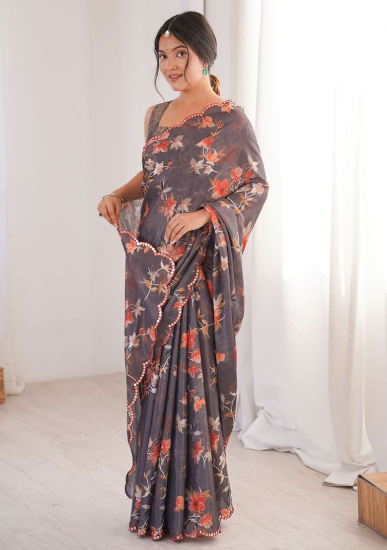 Grey Abstract Tissue Saree Set for Diwali | Wedding & Festive Wear - Indya