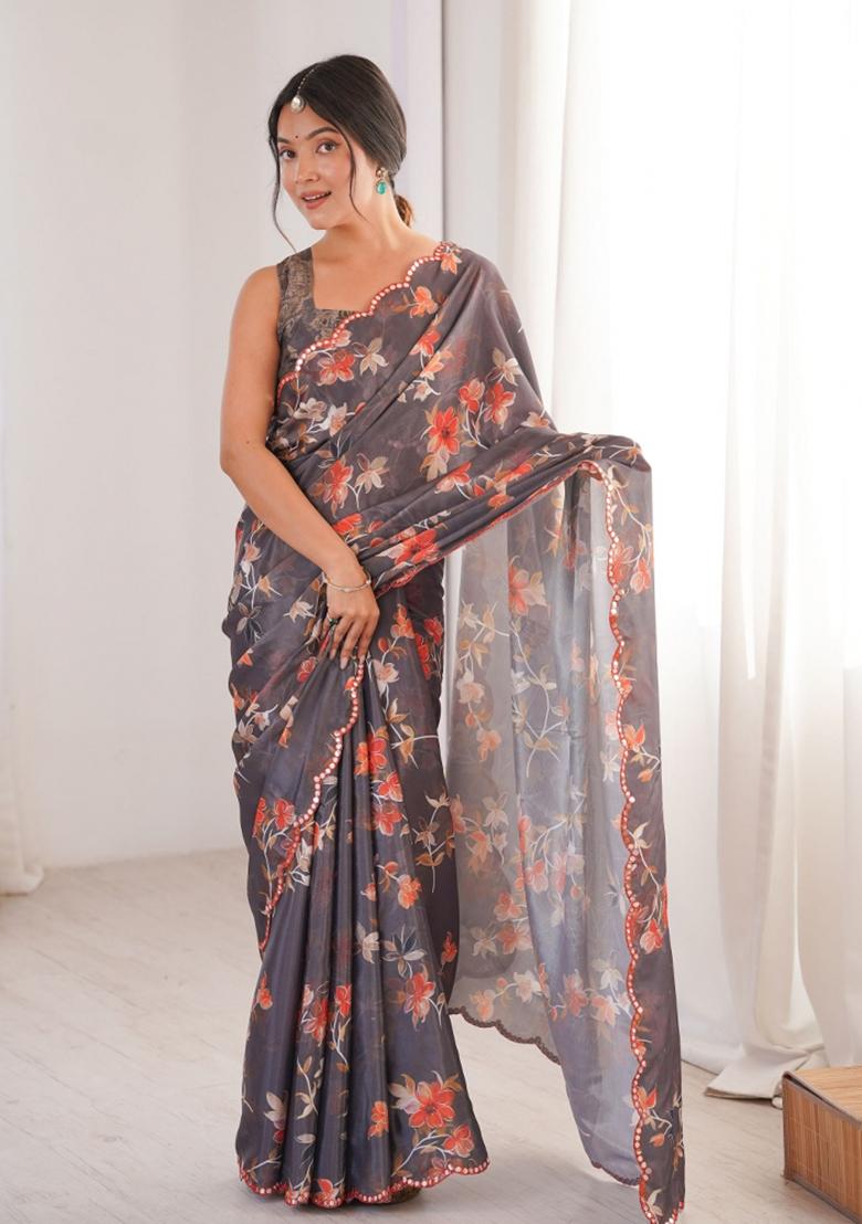 Grey Abstract Tissue Saree Set - Indya