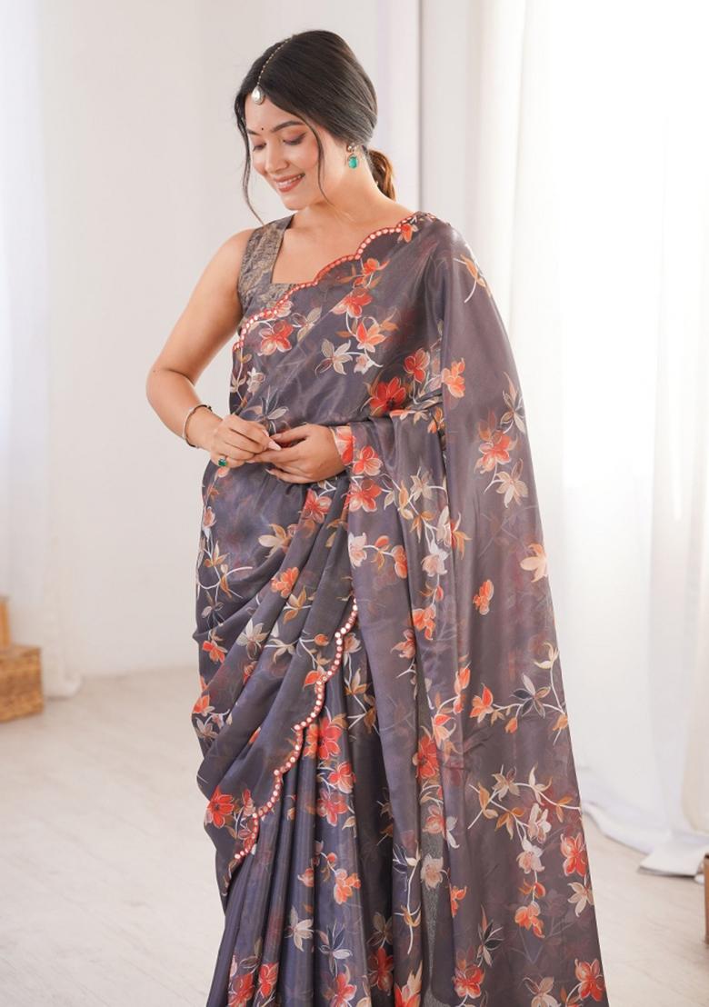Grey Abstract Tissue Saree Set - Indya