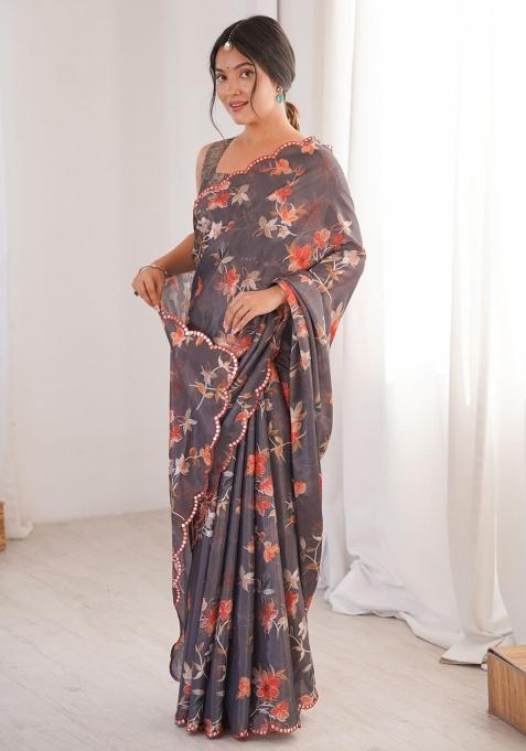 Grey Abstract Tissue Saree Set