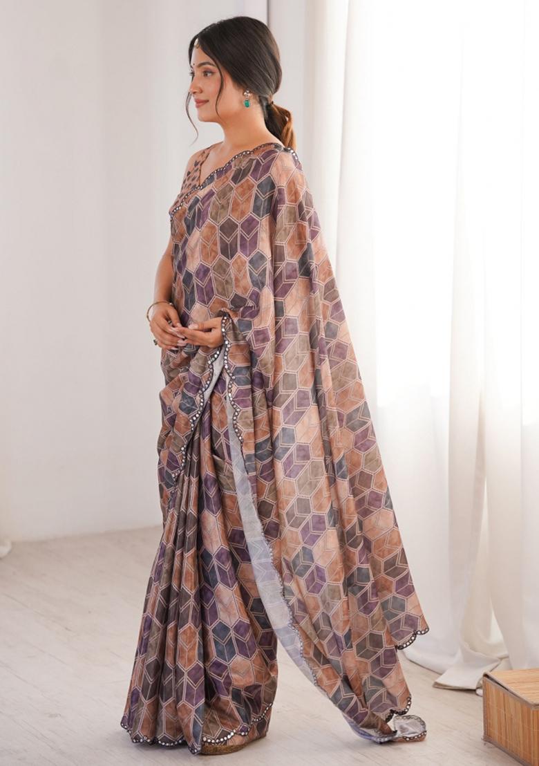 Multicolor Abstract Tissue Saree Set - Indya