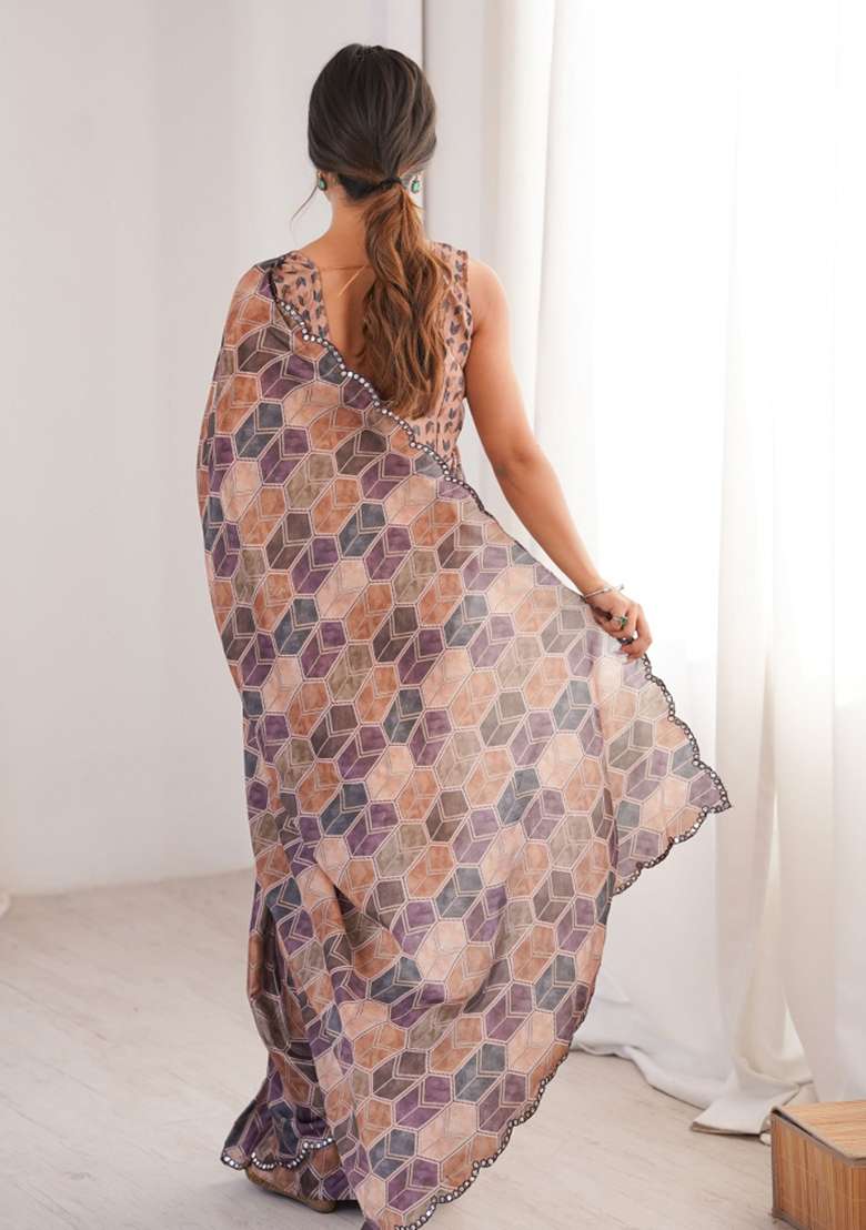 Multicolor Abstract Tissue Saree Set for Diwali and Festive Wear - Indya