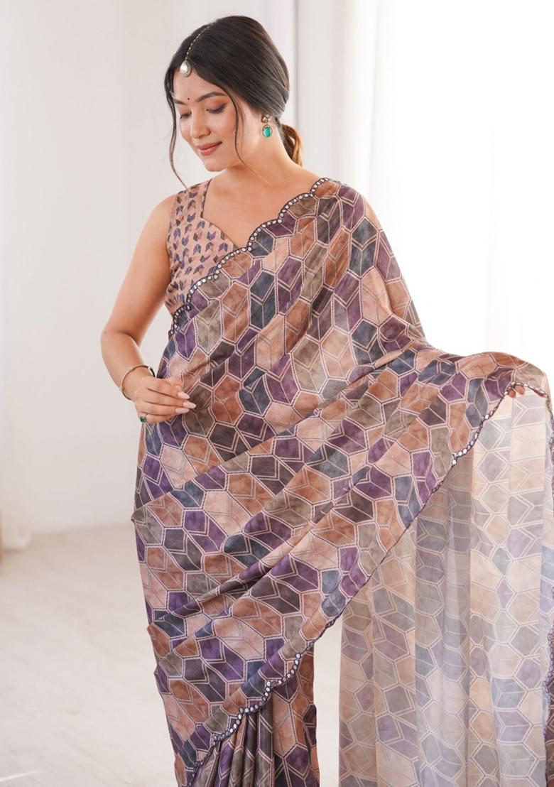 Multicolor Abstract Tissue Saree Set - Indya