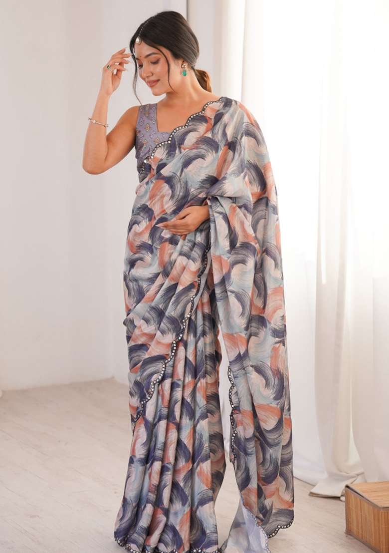 Grey Abstract Tissue Saree Set for Diwali and Festive Wear - Indya
