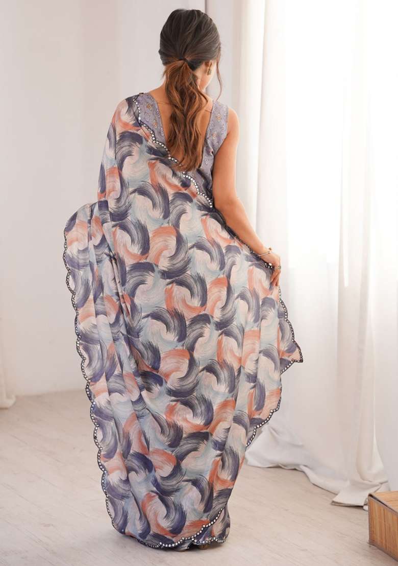 Grey Abstract Tissue Saree Set for Diwali and Festive Wear - Indya