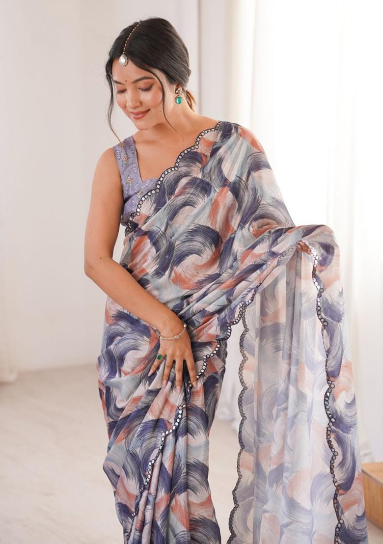 Grey Abstract Tissue Saree Set - Indya