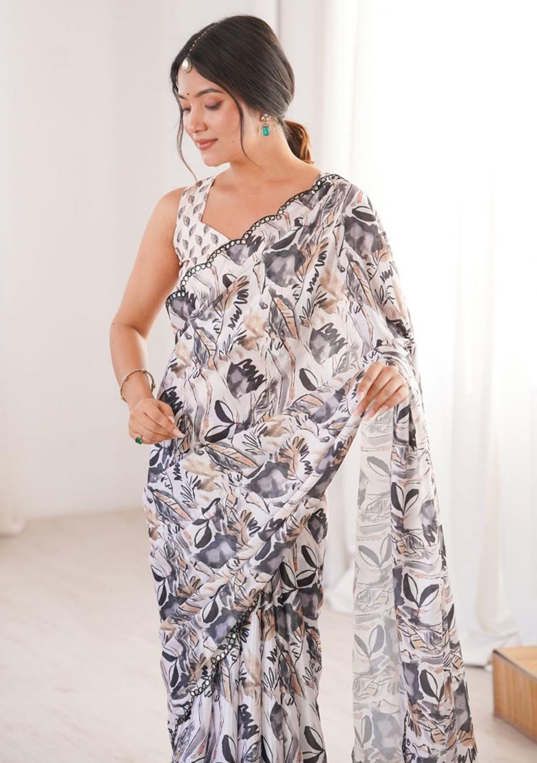 Off White Abstract Tissue Saree Set - Indya