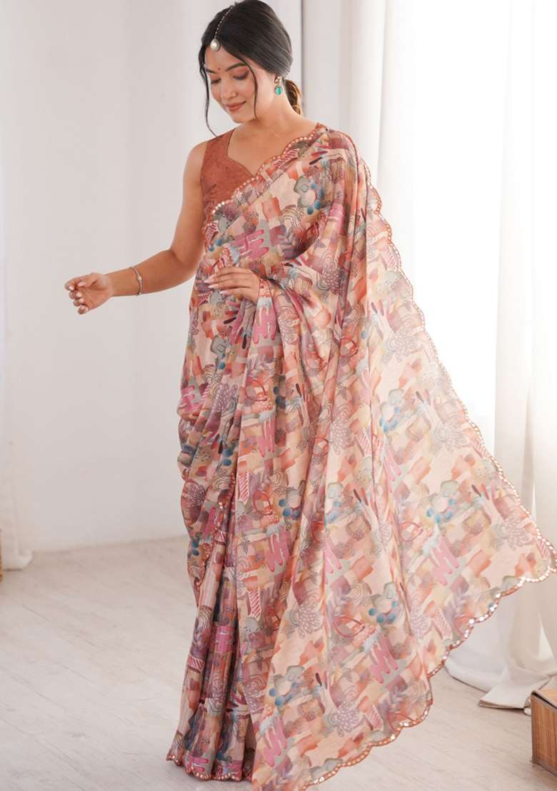 Peach Abstract Tissue Saree Set for Diwali | Wedding & Festive Wear - Indya