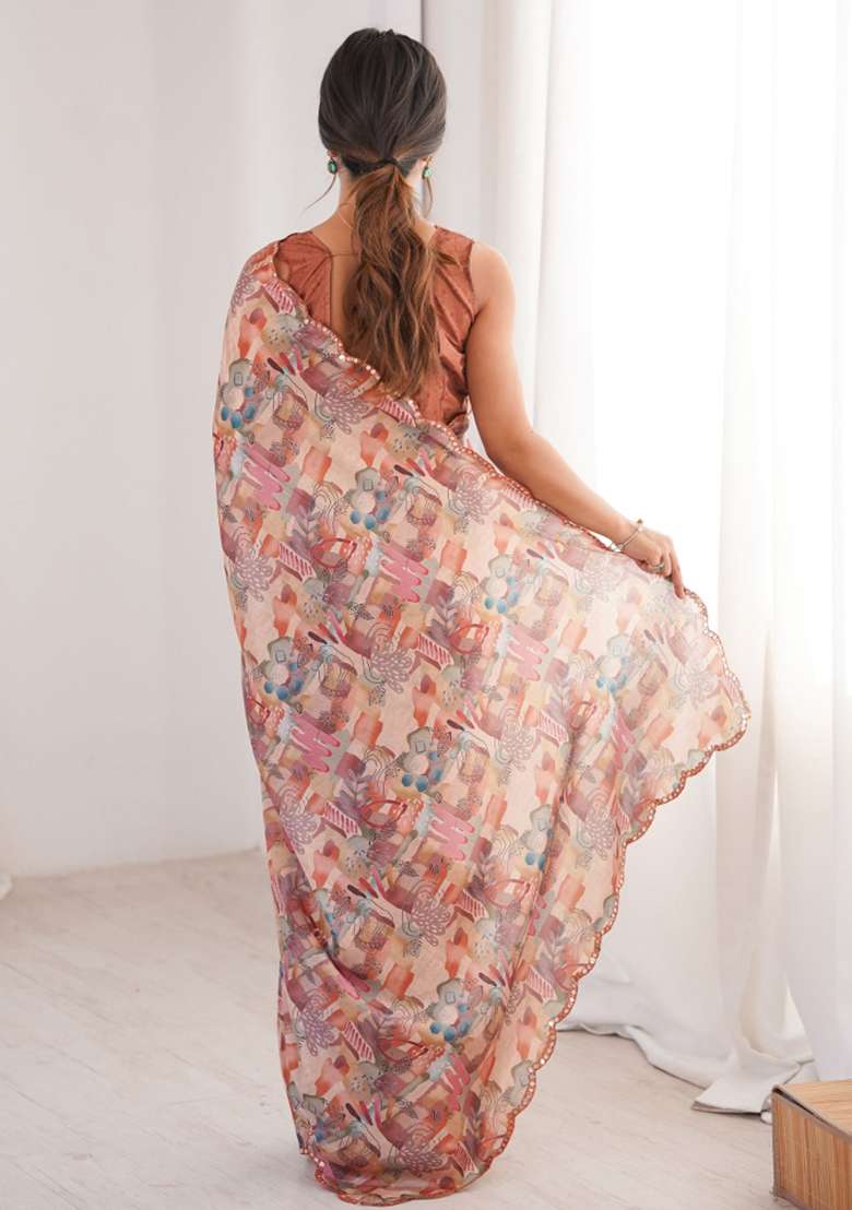 Peach Abstract Tissue Saree Set for Diwali | Wedding & Festive Wear - Indya