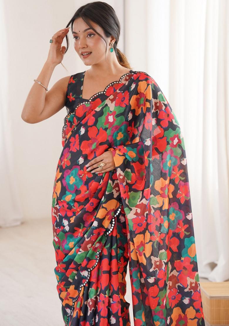Multicolor Abstract Tissue Saree Set - Indya