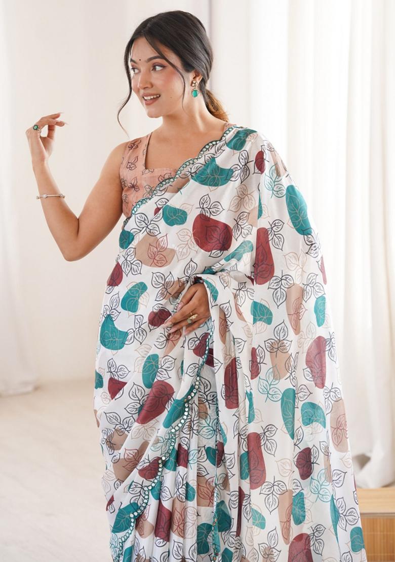Multicolor Abstract Tissue Saree Set - Indya