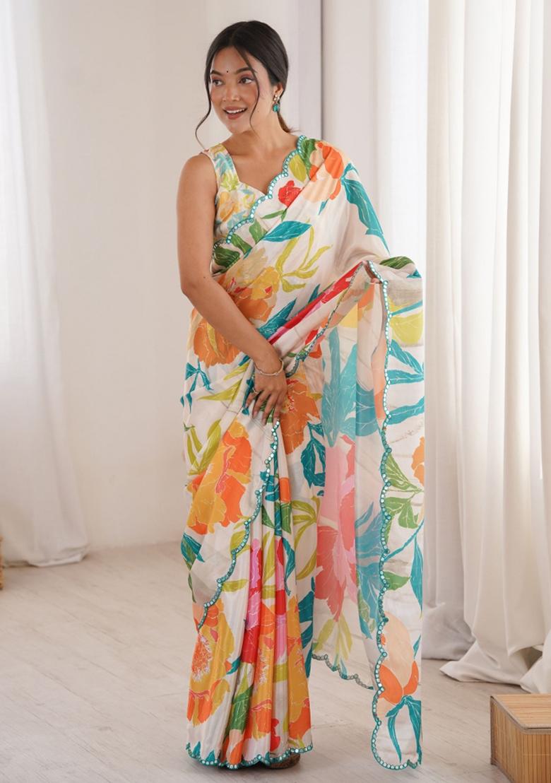 Multicolor Abstract Tissue Saree Set - Indya