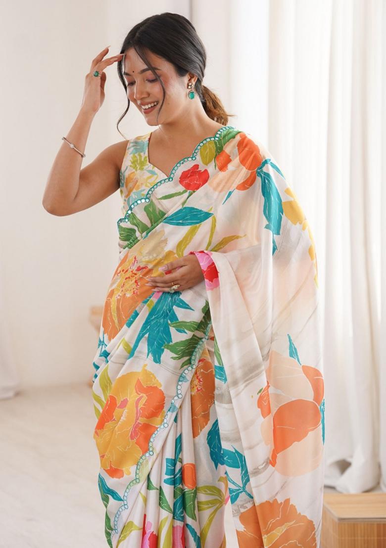 Multicolor Abstract Tissue Saree Set - Indya