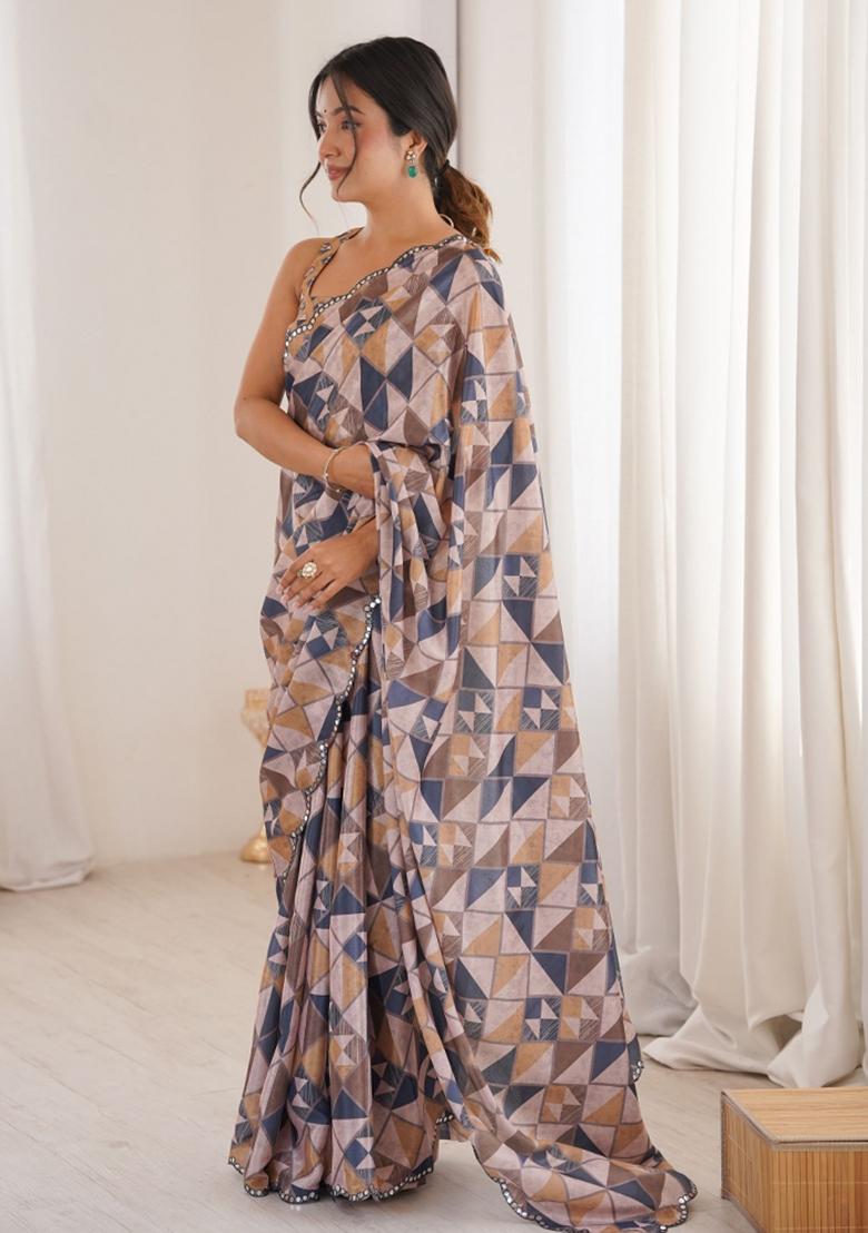 Multicolor Abstract Tissue Saree Set - Indya