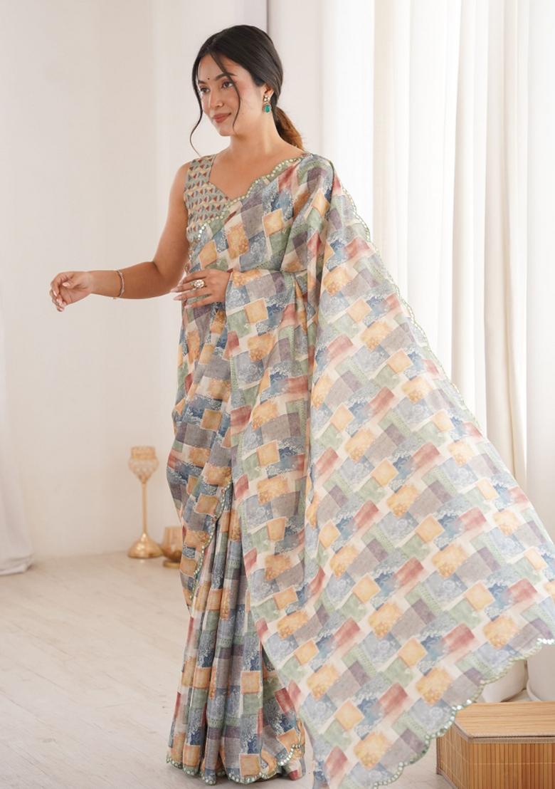 Multicolor Abstract Tissue Saree Set - Indya