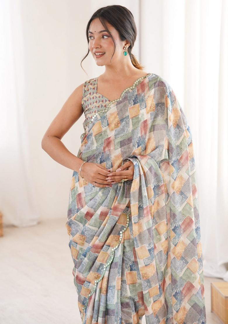 Multicolor Abstract Tissue Saree Set - Indya