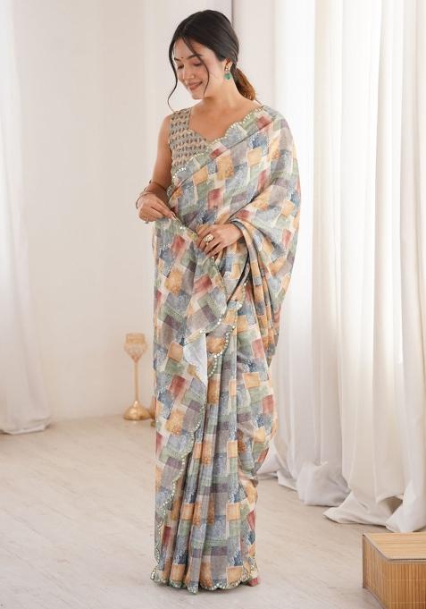 Multicolor Abstract Tissue Saree Set