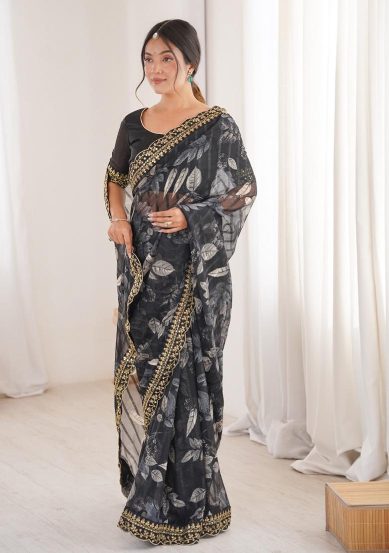 Black Abstract Silk Saree Set - Indya