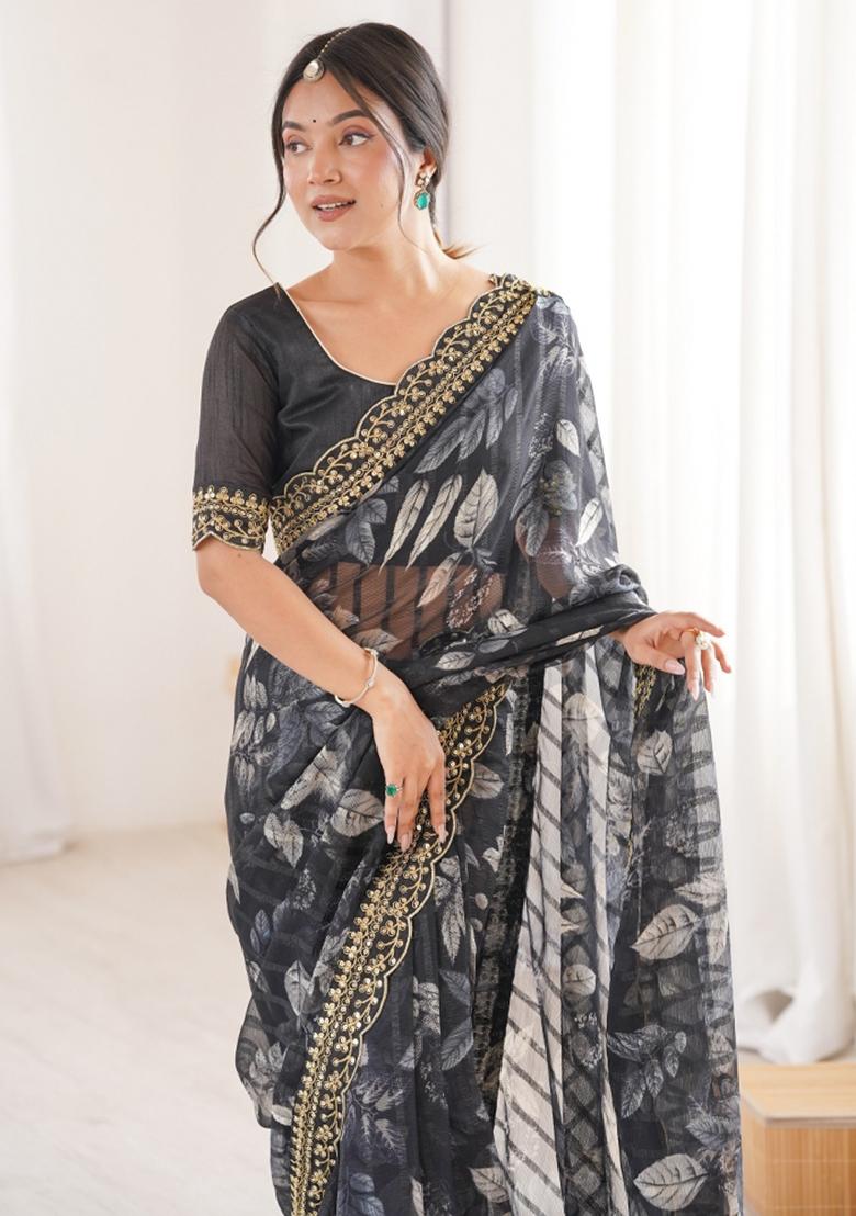 Black Abstract Silk Saree Set - Indya