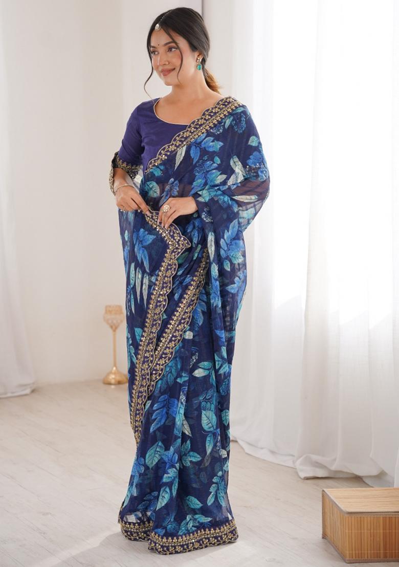 Blue Abstract Silk Saree Set - Indya