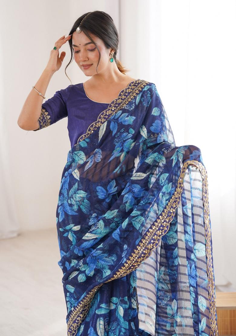 Blue Abstract Silk Saree Set - Indya