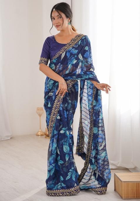 Blue Abstract Silk Saree Set