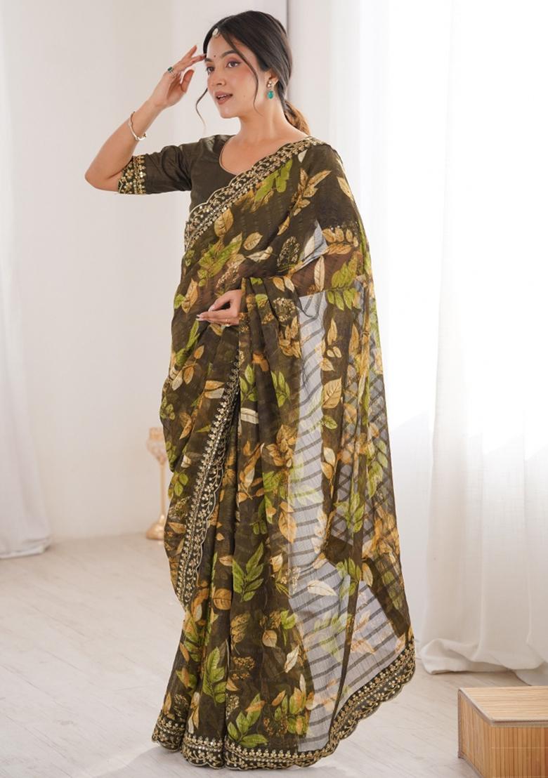 Green Abstract Silk Saree Set - Indya